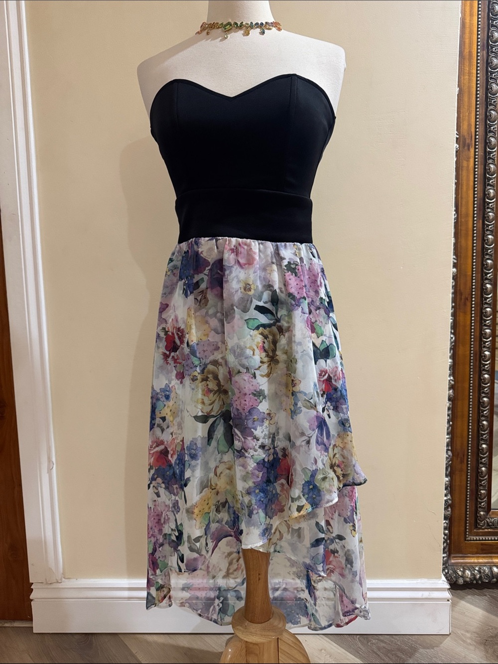 Arden B Black Strapless Bodice with Floral High-Low Skirt